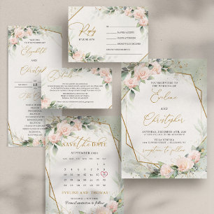 Invitación Flores rosas y eucalipto Rubor brunch de novia