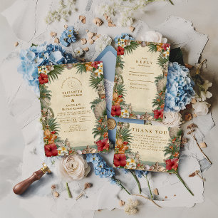 Tarjeta De Agradecimiento Boda Tropical de Hibisco con Conchas Marinas