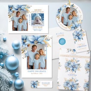 Tarjeta Festiva Navidades de la poinsettia Icy Blue Gold   2 FOTO