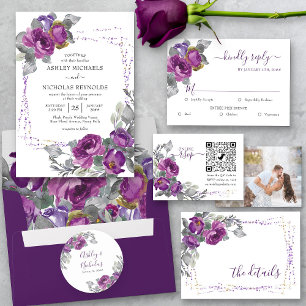 Pegatina Redonda Morado Floral elegante Novia y Groom Name