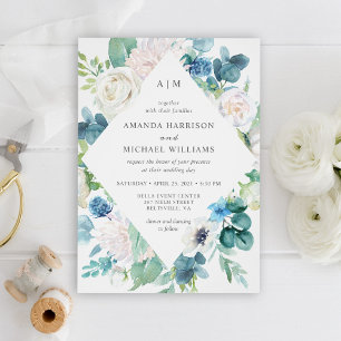 Invitación Boda floral Pastel blanco azul verde sabio