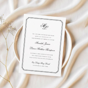 Tarjeta De Recepción Elegante Monograma Boda de escritura en blanco y n