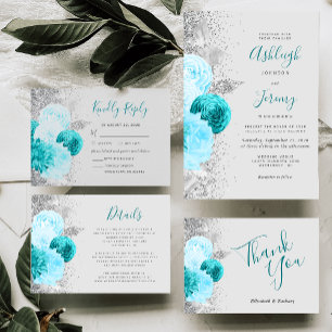 Tarjeta Boda Plata Gris Turquesa Floral Gracias