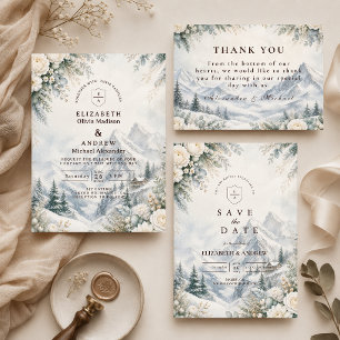 Tarjeta De Agradecimiento Boda Romántica de Montaña en Invierno