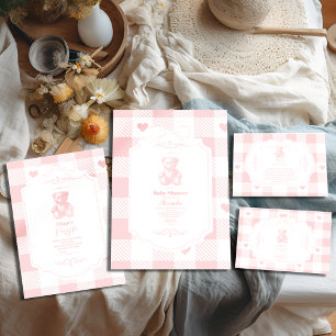 Invitación Heart Bow Gingham French Teddy Bear Baby Shower