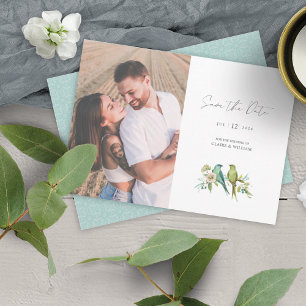 Invitación Aves verdes azules Boda de acuarela botánica