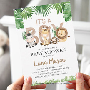 Es una invitación de Baby Shower de Boy Safari