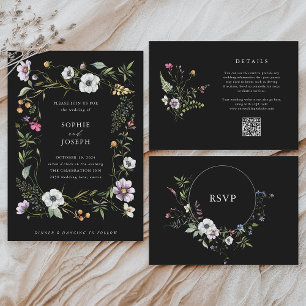 Invitación Flores salvajes botánicas negras   Boda elegante