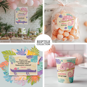 Pegatina Redonda Escalas y colas Cumpleaños del Reptil Chica