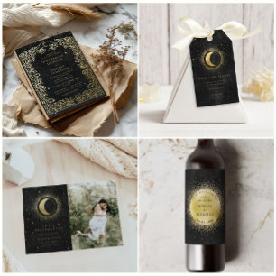 Invitación Boda Celestial Midnight Black Gold Stars