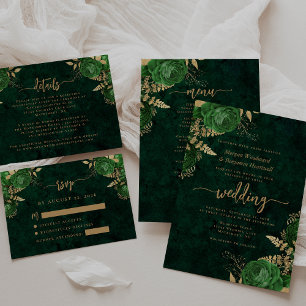 Tarjeta De Recepción Emerald Green Gold Floral Agate Wedding RSVP