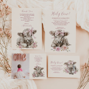 Tarjeta De Agradecimiento Foto Chica Rosa Floral Highland Cow Primer cumplea
