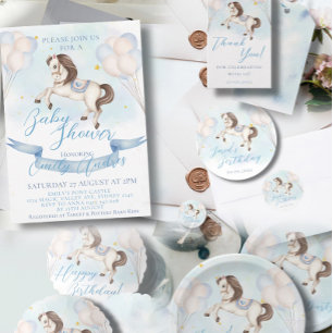 Tarjeta De Recepción Baby Shower Fairytale Pony Stars Blue Balloons