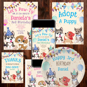 Invitación Cute puppies puppy party let's paw-ty