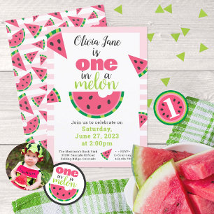 Pegatina Redonda Uno en Melon Watermelon Primer Día Favor de fiesta