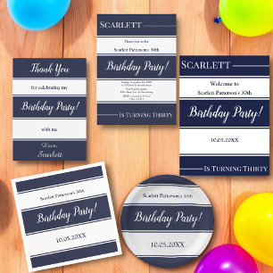 Tarjeta De Agradecimiento Moderno Navy Blue White Stripes Elegante Cumpleaño
