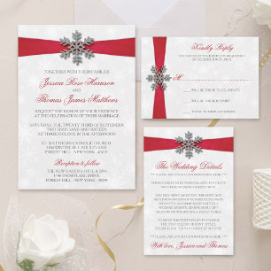 Invitación Con Relieve Metalizado Diamante Snowflake & Red Ribbon Boda de Invierno
