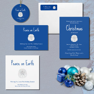 Tarjeta Festiva Navidades en playa por la paz del dólar de arena e