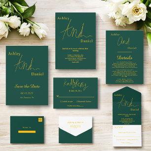 Invitación Todo En Uno Elegante Boda De Lujo Verde Y Oro