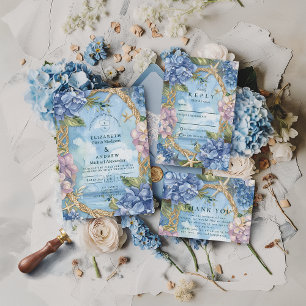 Tarjeta De Agradecimiento Boda con Cuerda Costera Hortensia Azul