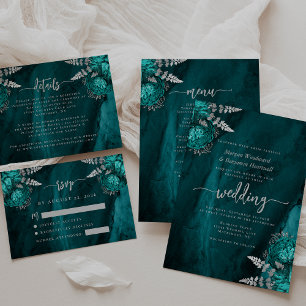 Tarjeta De Recepción Detalles del Boda de guión floral de plata azul ve