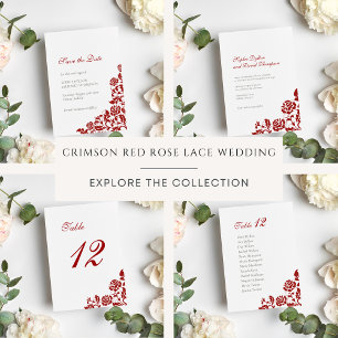 Invitación Boda del patrón de encaje rosa rojo de Crimson clá