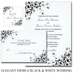 Invitación Elegante Swirls ducha de la boda blanca y negra