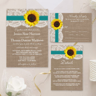 Invitación Colección de Bodas de girasol rústico - Verde azul