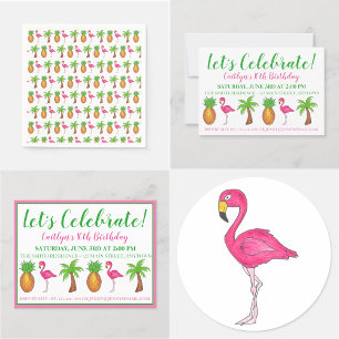 Invitación Celebrar el cumpleaños Flamingo Palm Tree Pineappl