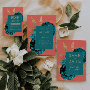 Tarjeta De Recepción Elegante RSVP de boda de flores azul teal coral or