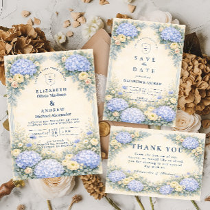 Tarjeta De Agradecimiento Boda de Jardín con Hortensias Azules Polvorientas
