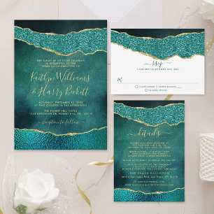 Invitación Con Relieve Metalizado Elegante Turquesa & Gold Agate Boda Real