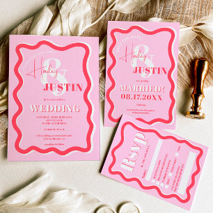 Invitación Boda ondulado de curva roja rosa retro