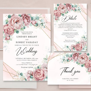 Invitación Boho blush peonías eucalipto oro ascenso y brillo