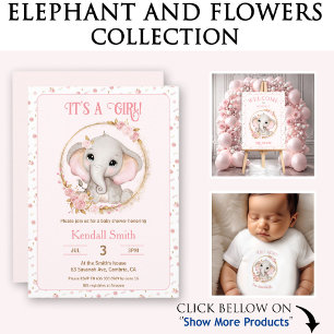 Invitación Baby Shower chica Cute Elephant Rosa y Flores
