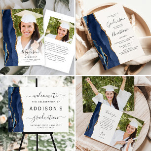 Tarjeta De Agradecimiento Foto Graduación Escritura Oro Ágata Azul Marítimo