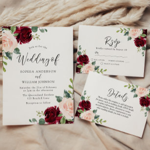 Invitación Boda Floral Roja Rosa y Borgoña de Rubor
