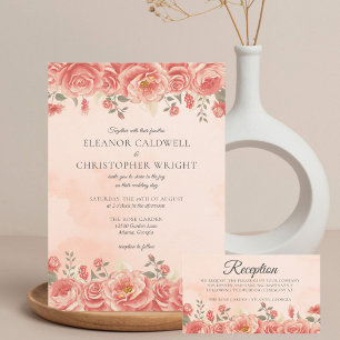 Invitación Vintage Coral Rosas Watercolor Peach Boho Boda