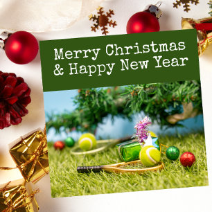 Tarjeta Festiva Navidades de tenis con bola de tenis y Snowman