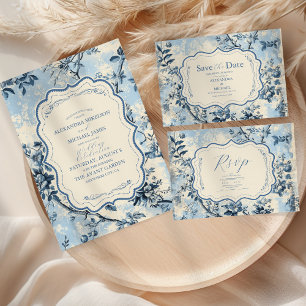 Invitación Elegante Boda de tela azul de Jouy