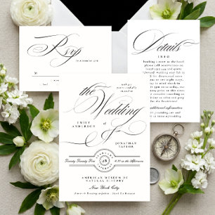 Tarjeta De Recepción Boda Formal Caligrafía Negra Blanca Detalles