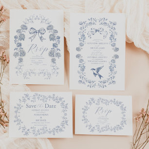 Reserva La Fecha Elegante Boda floral azul vintage francés