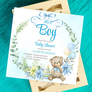 Invitación Es un niño oso de peluche nubes de arco iris ducha