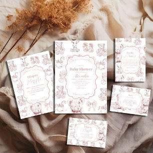 Invitación Juguetes rosados Toile De Jouy Baby Shower