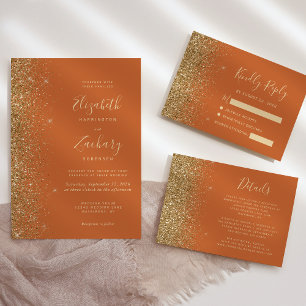 Invitación Boda Moderno Dorado Naranja Quemado Falso Brillo B