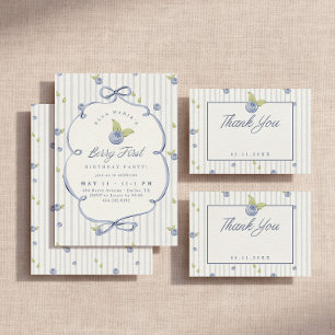 Invitación Cumpleaños Primero de Berry Dulce Fresa Azul Rayad