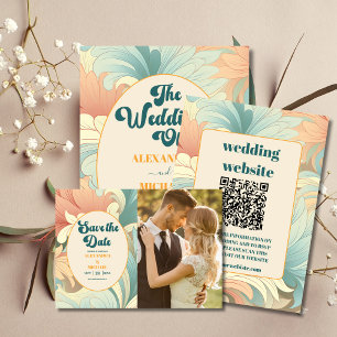 Invitación Todo En Uno Código QR Boho Boda floral retro colorido