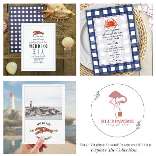 Invitación Boda de Lobster Weathered Blue Gingham