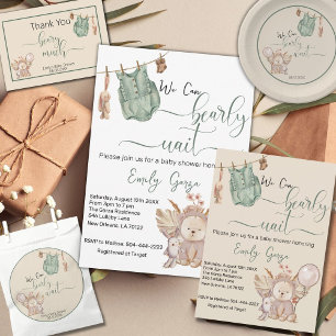 Pegatina Redonda Invitación a Baby Shower de Teddy Bear Neutral de 