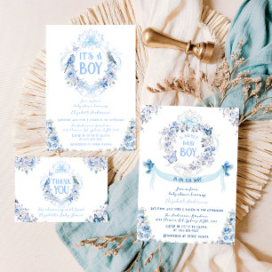 Invitación Escudo Floral Azul es un niño Baby Shower